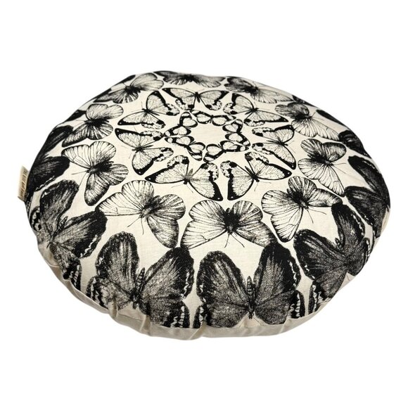 New Boho Decorative Round Throw Pillow Off-White Black Butterfly Print 15”D - Picture 1 of 7